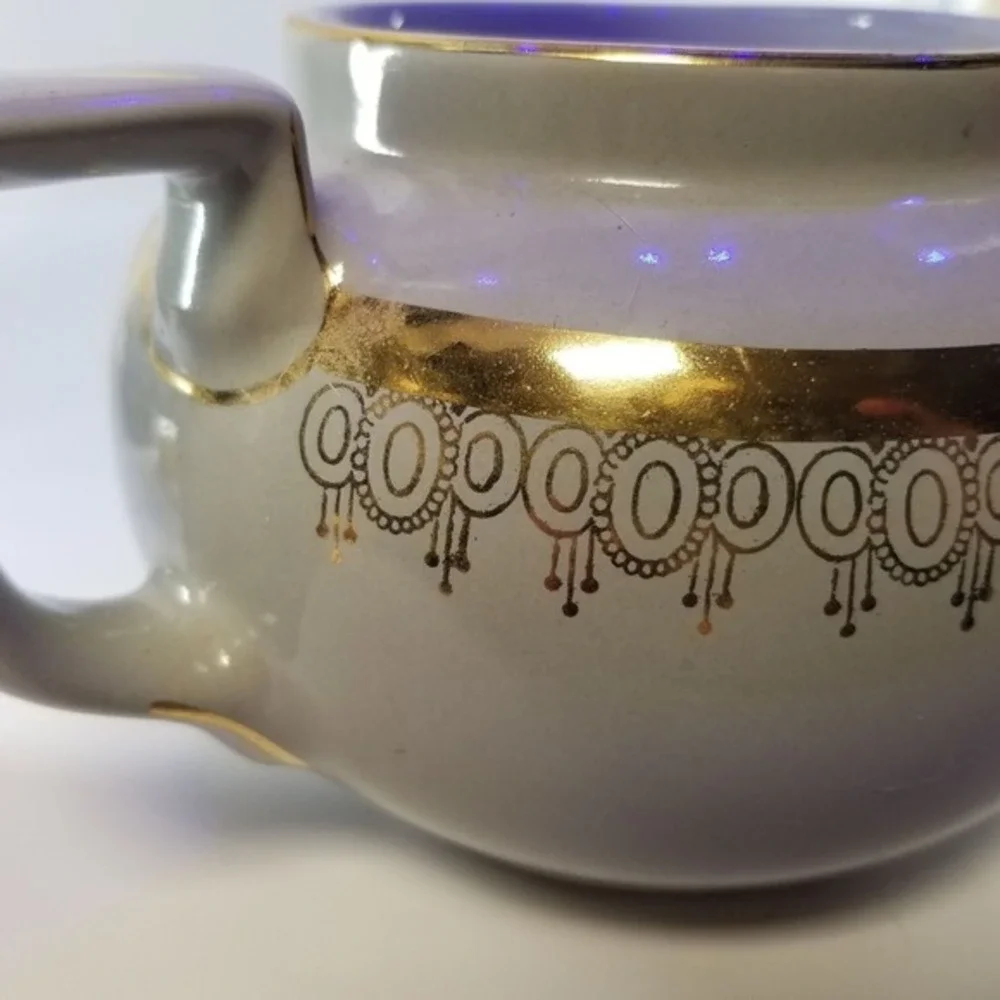 Vintage Ceramic Teapot Hall 6-Cup Gray Gold Trim Geometric‎ Band USA